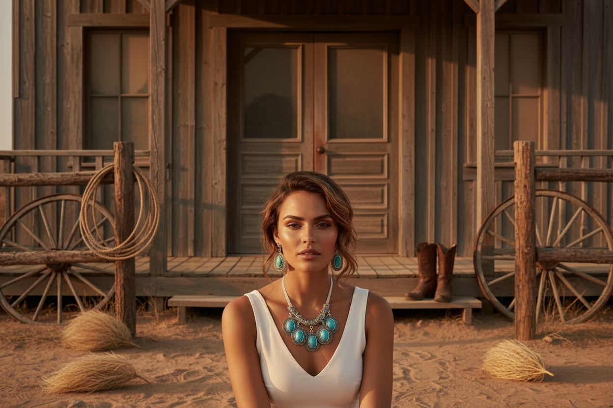 Retro alloy necklace & drop earrings set, turquoise oval cabochons, silver-tone dangling drops.