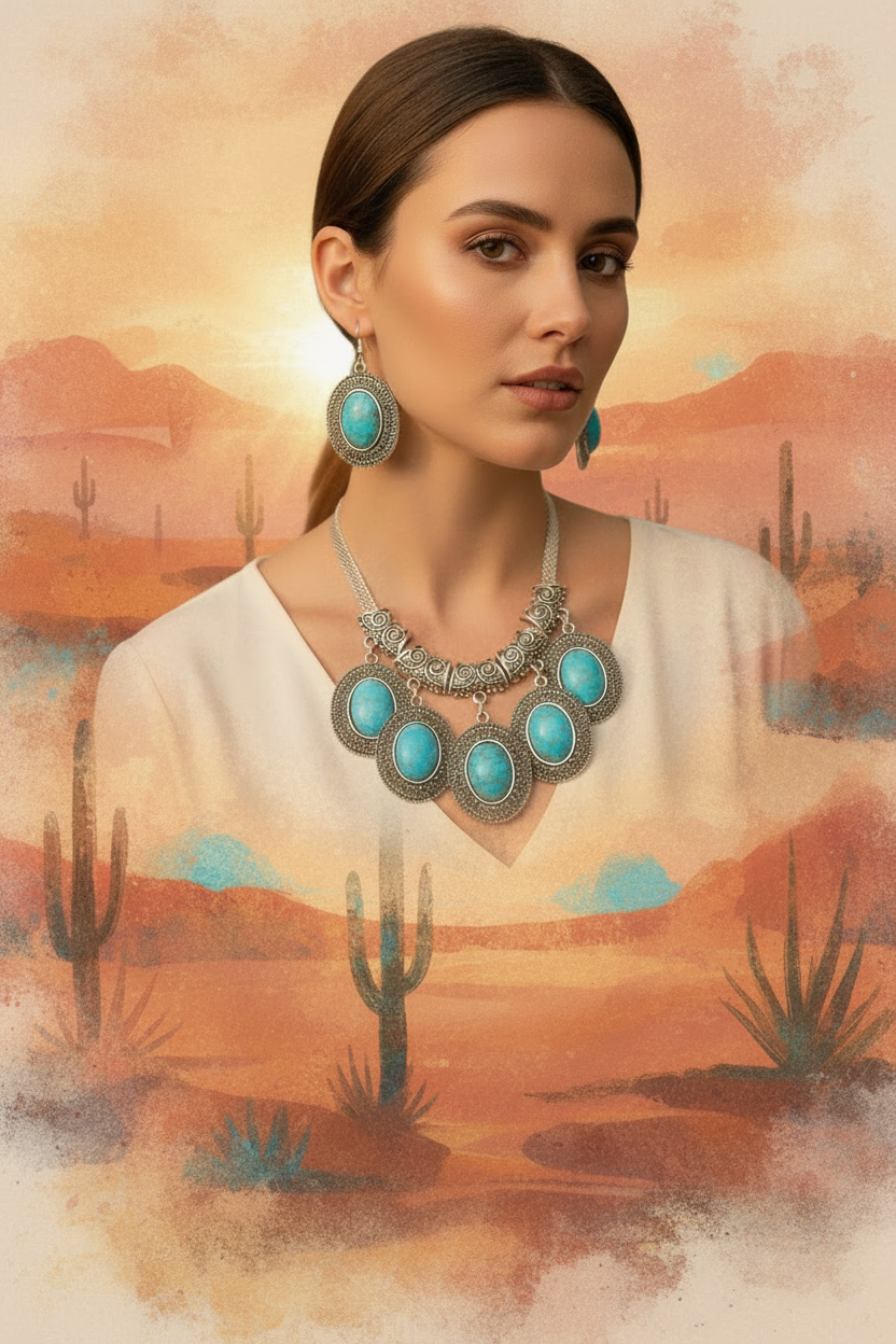 Retro alloy necklace & drop earrings set, turquoise oval cabochons, silver-tone filigree.