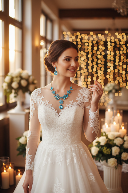 Blue gemstone necklace and drop earrings set with lace-sleeve bridal dress