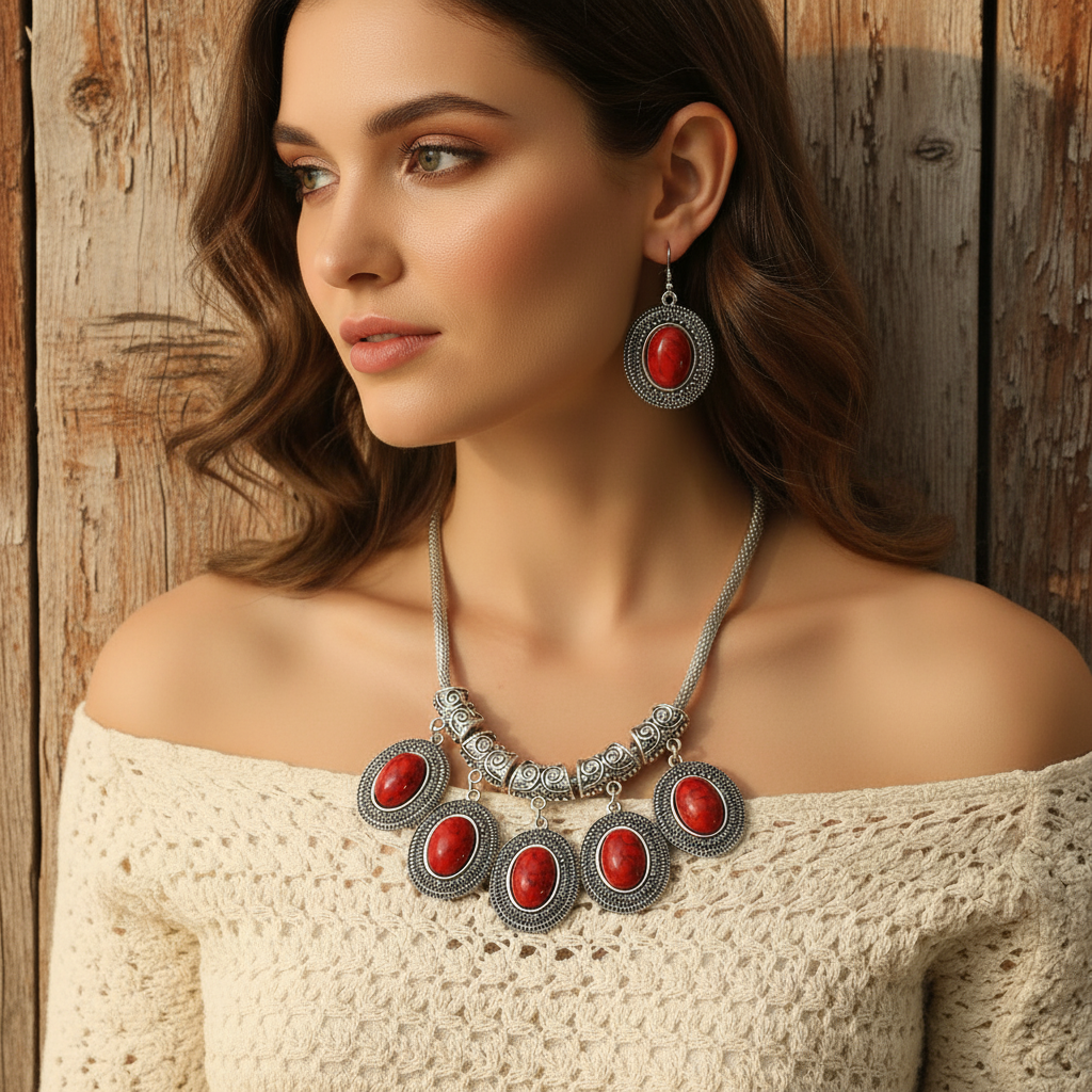 Retro alloy necklace & drop earrings set, red oval cabochons, round silver-tone frames.