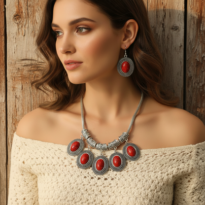 Retro alloy necklace & drop earrings set, red oval cabochons, round silver-tone frames.