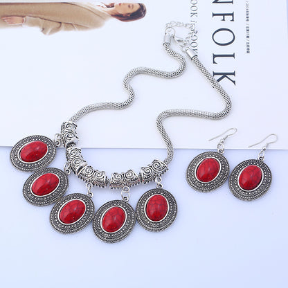 Fashion Jewelry Retro Alloy National Wind Turquoise Necklace Earrings Set