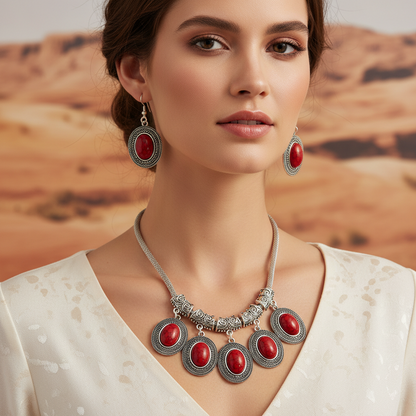 Retro alloy necklace & drop earrings set, red oval cabochons, silver-tone filigree.