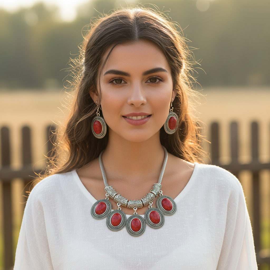 Silver-tone red oval cabochon necklace and matching drop earrings with ornate metal frames.
