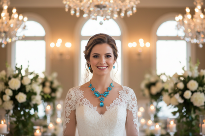 Blue gemstone necklace with teardrop pendant and matching drop earrings