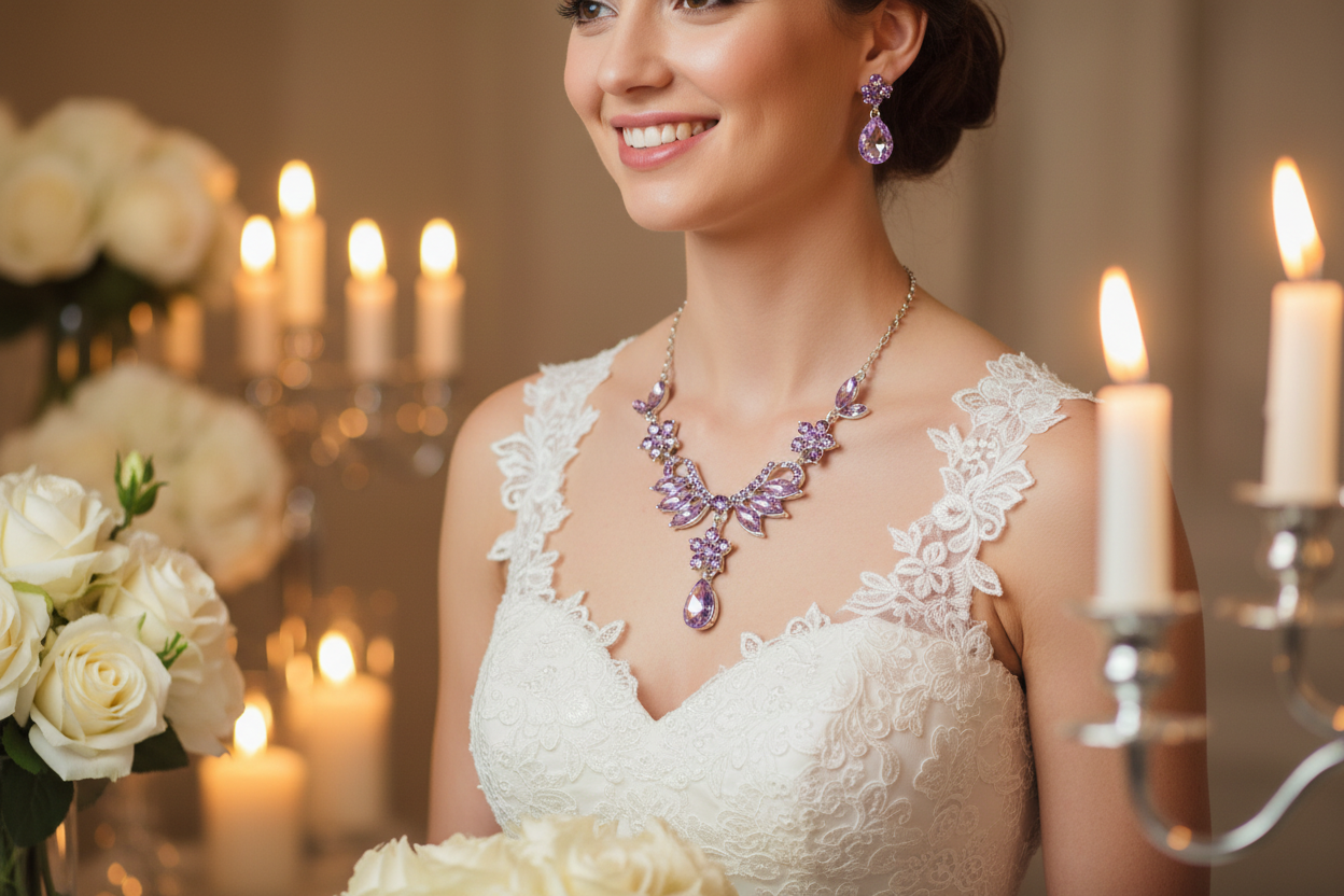 Blue crystal bridal necklace with teardrop pendant and matching drop earrings