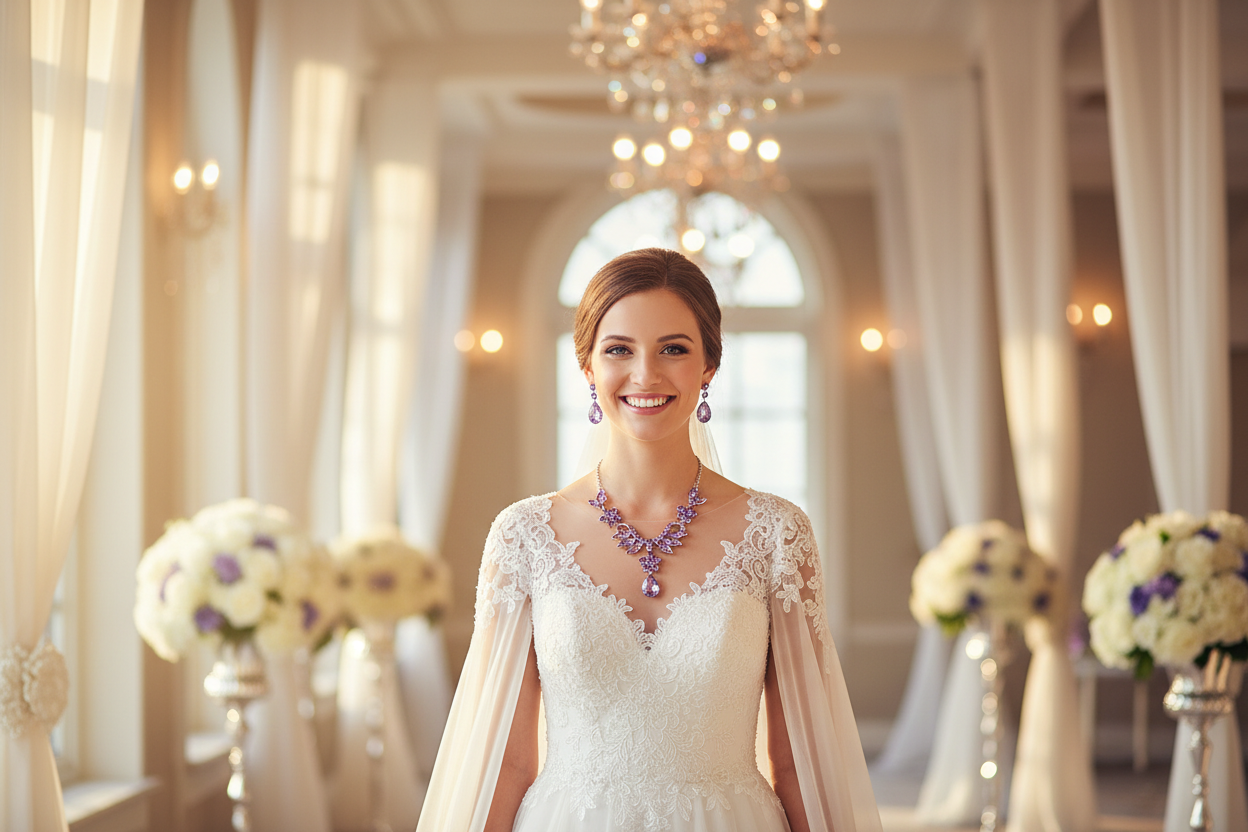 Blue crystal bridal necklace and drop earrings set, floral teardrop design