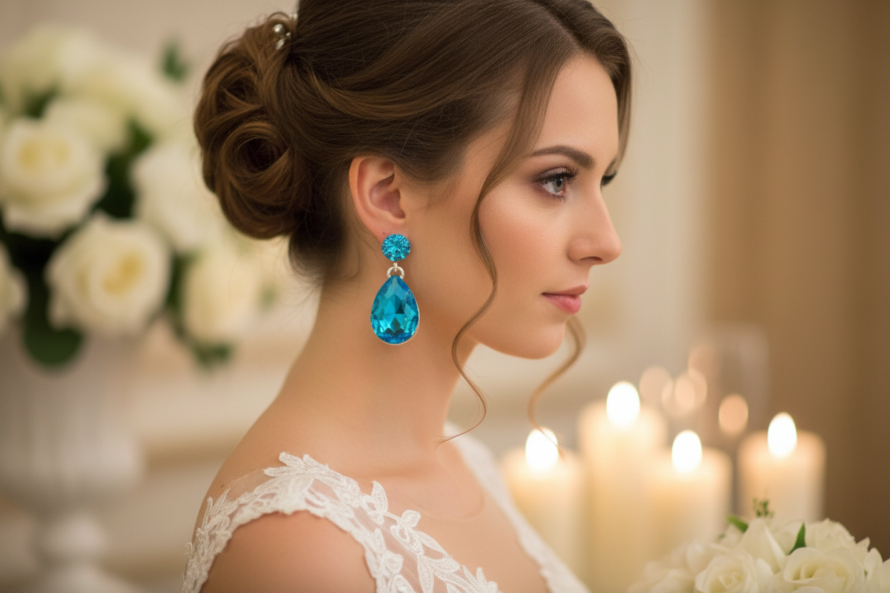 Blue teardrop crystal drop earrings with dangling charm, silver-tone setting