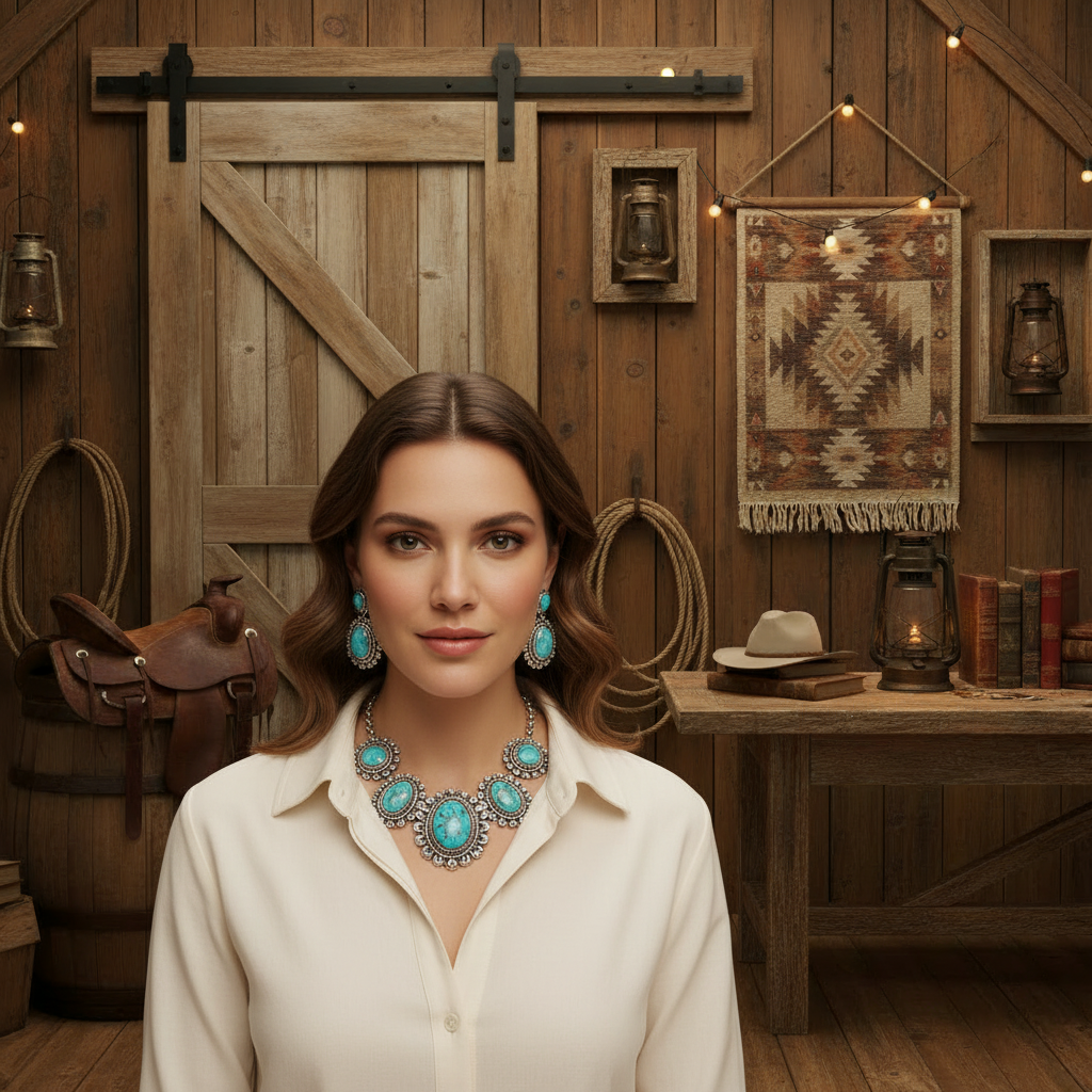 Silver-tone turquoise cabochon necklace and matching drop earrings with oval metal frames.