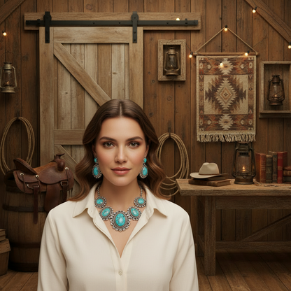 Silver-tone turquoise cabochon necklace and matching drop earrings with oval metal frames.