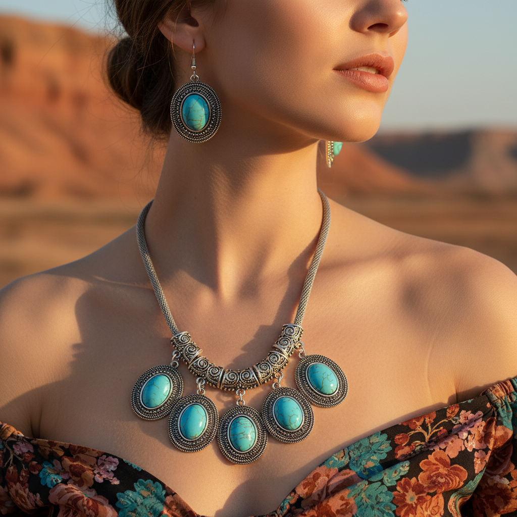 Silver-tone turquoise cabochon necklace with oval frames and matching drop earrings.