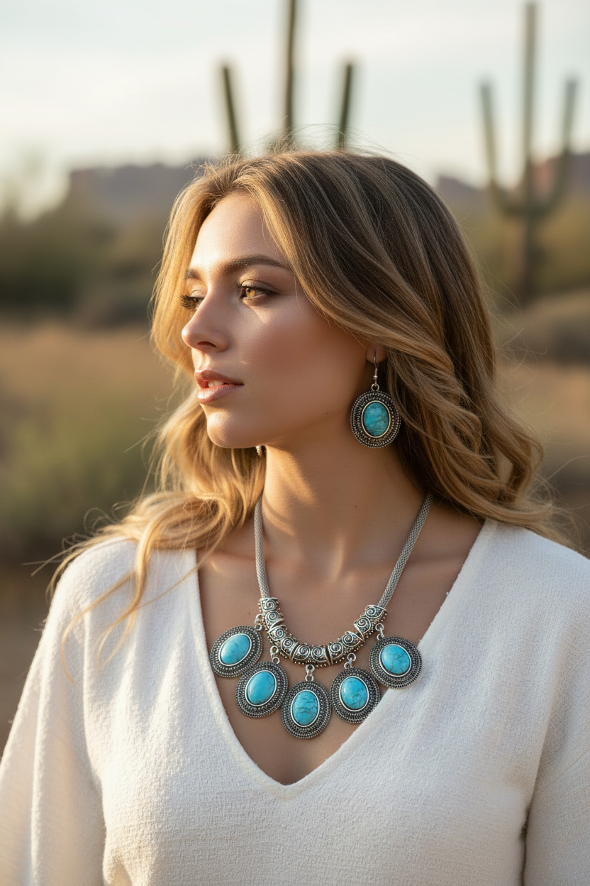 Retro alloy necklace & drop earrings set, turquoise oval cabochons, silver-tone filigree.