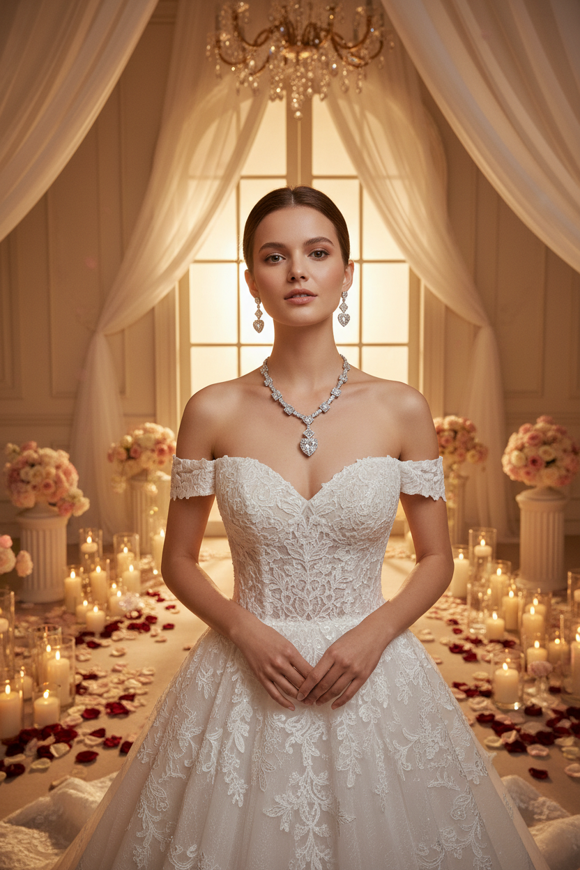 White bridal necklace with pendant and matching dangling earrings