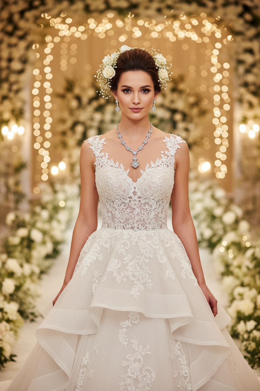 White bridal necklace with teardrop pendant and matching dangling earrings