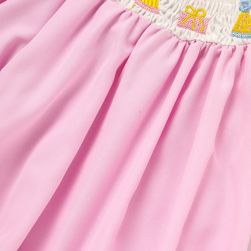 Infant Girls' Cute Birthday Smocked Bubble Romper Short Sleeves Crew Neck Cartoon Embroidery Princess Party Bodysuit