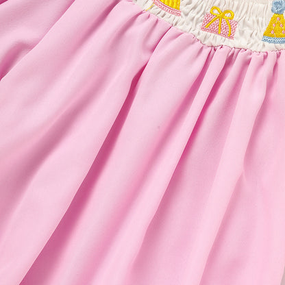 Infant Girls' Cute Birthday Smocked Bubble Romper Short Sleeves Crew Neck Cartoon Embroidery Princess Party Bodysuit