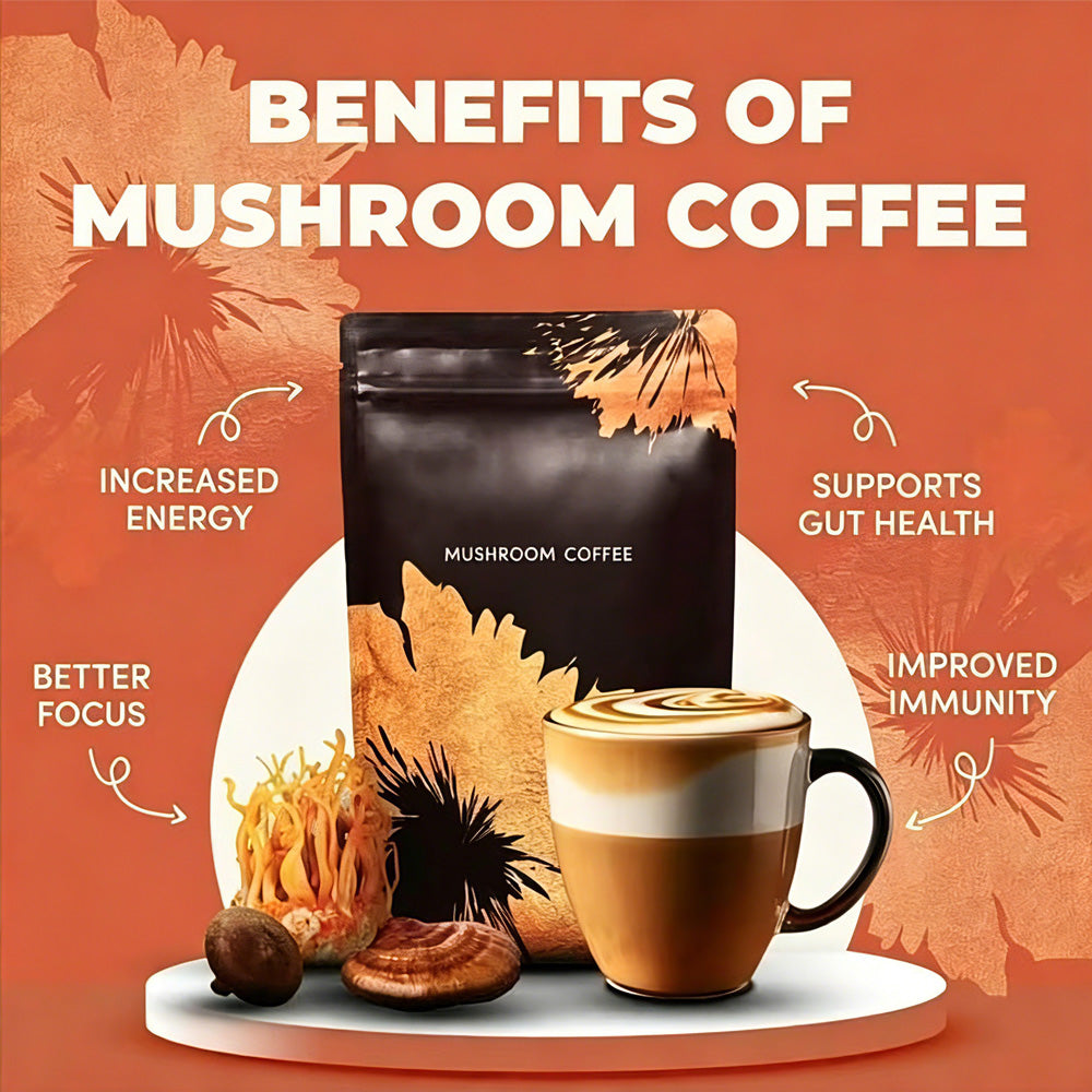 Mushroom coffee benefits graphic with coffee mug and mushroom ingredients around