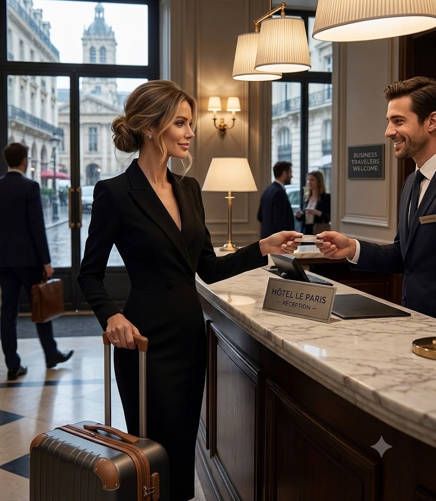 Black double-breasted long-sleeve office dress with notched lapels and fitted midi