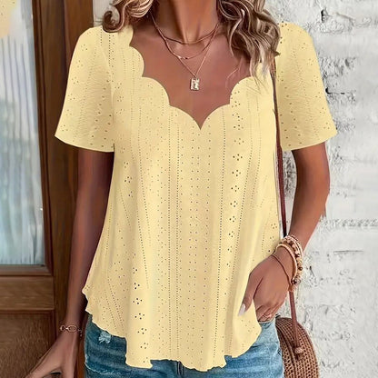 Women's Summer Scallop Trim V Neck Eyelet T-Shirt Short Sleeve Top Dressy Casual Tunic Blouses