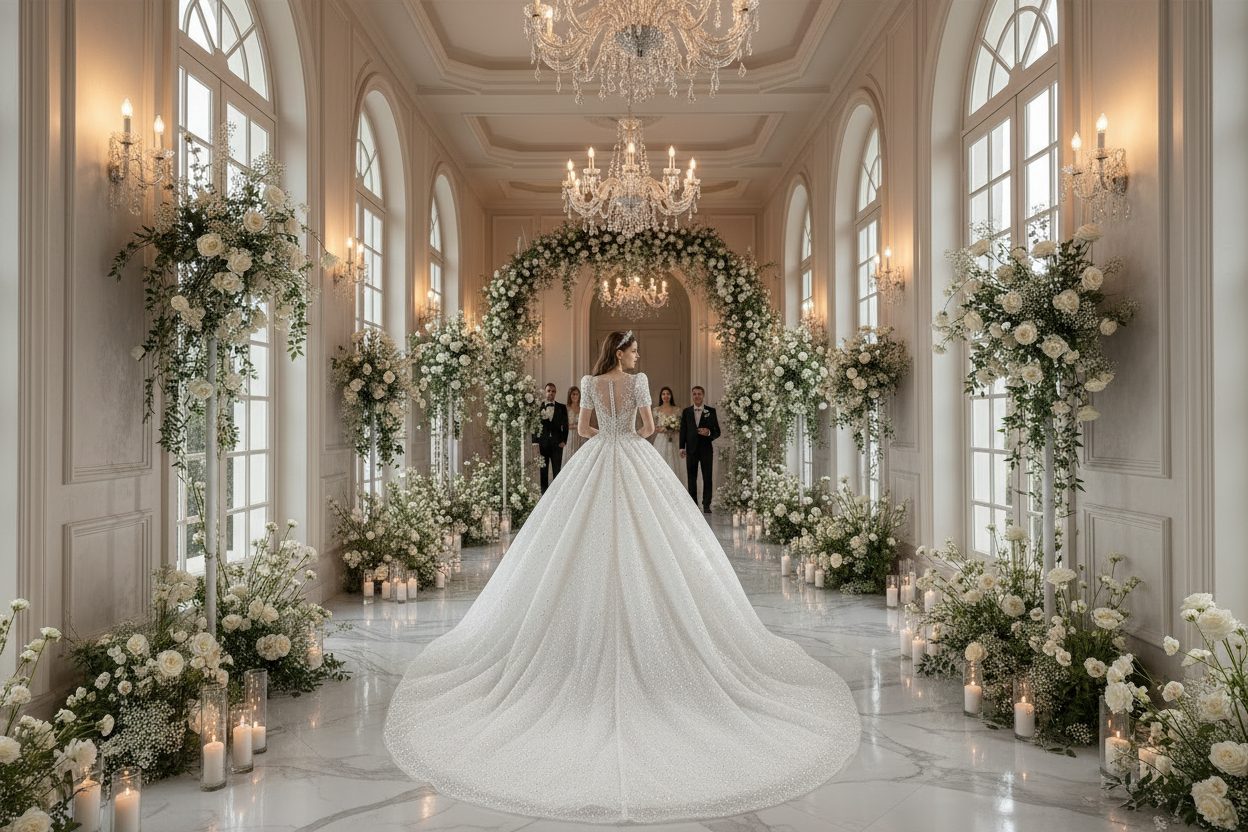 White bridal gown with beaded bodice and long flowing train