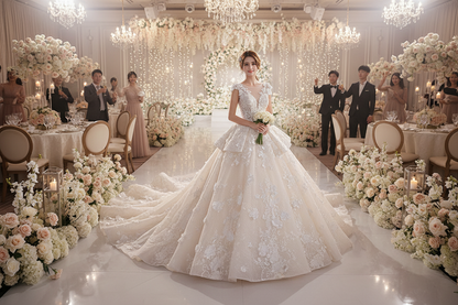 White lace bride dress with sleeveless illusion yoke and full skirt with detailed appliques