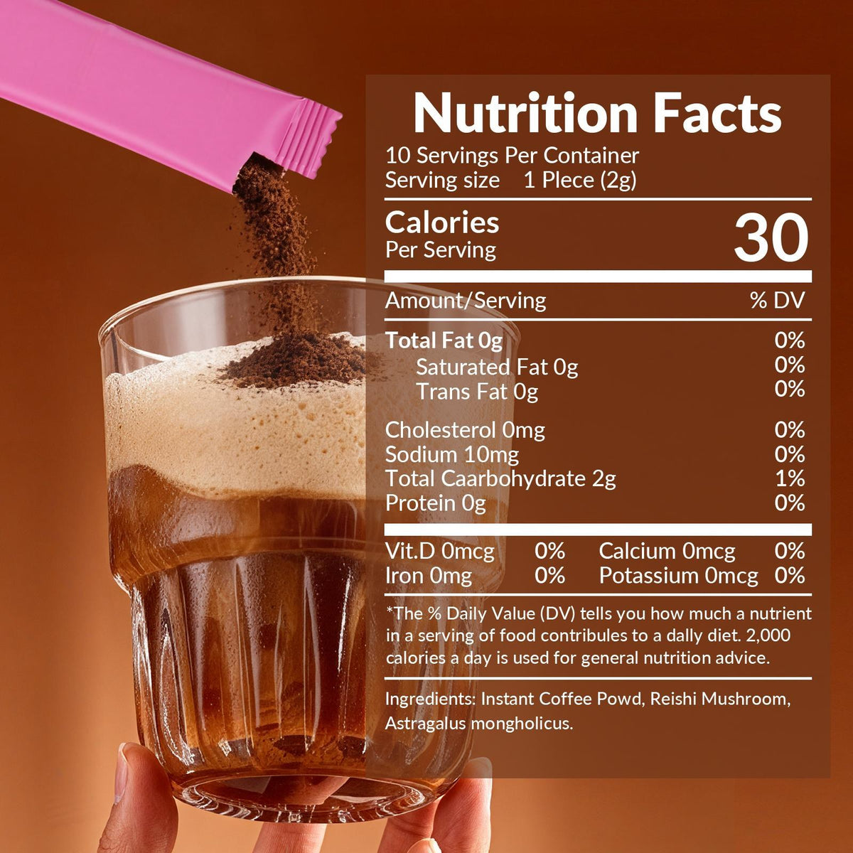 Nutrition facts panel on reishi mushroom coffee sachet with coffee scoop and glass
