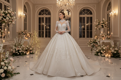 Ivory long-sleeve A-line wedding dress with lace sleeves, fitted bodice, and voluminous skirt