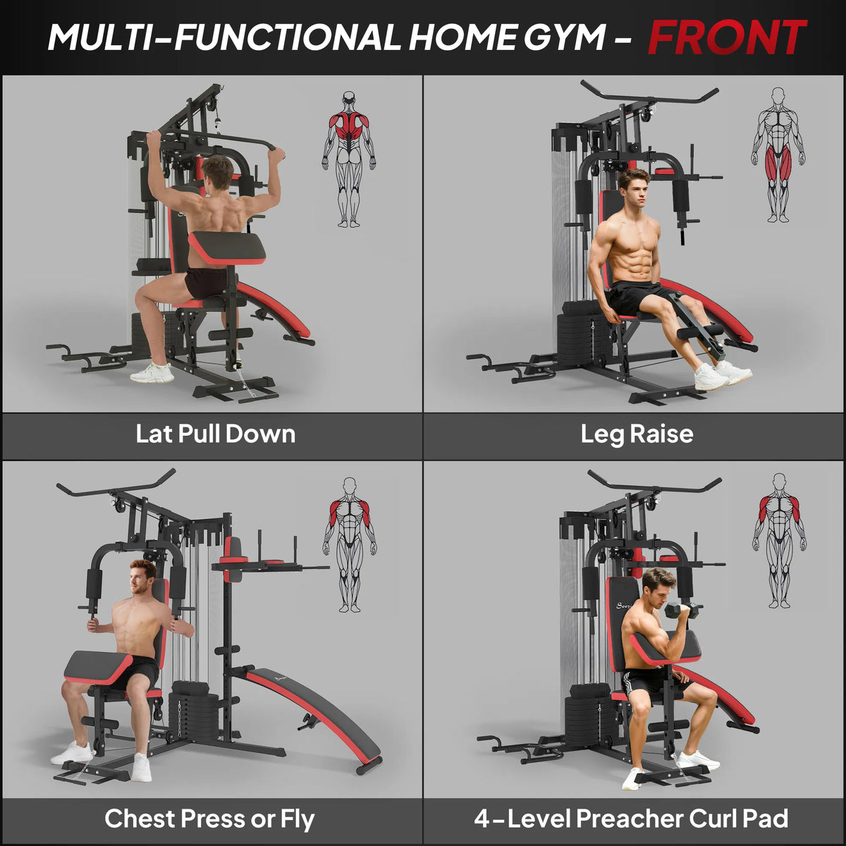 Multi-functional home gym front view with bench, pulleys, and multiple exercise stations