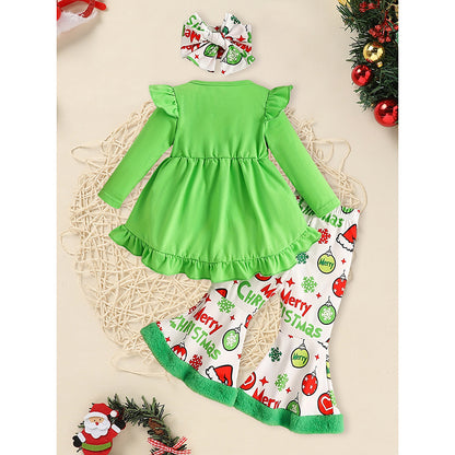 Toddler Baby Girls Christmas Clothes Ruffle Long Sleeve Heart Print Tops Dress Ball Print Flared Pants With Headband Outfits Set