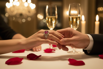 Heart-shaped engagement ring with pink-red center stone on silver band, hands showing