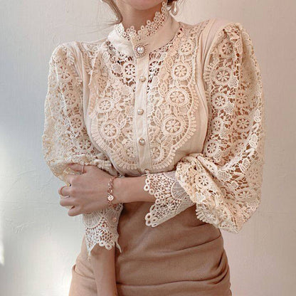 Elegant Women's Vintage Pearl Button Lace Blouse - Puff Sleeve Semi-Sheer Ruffled Stand Collar Shirt