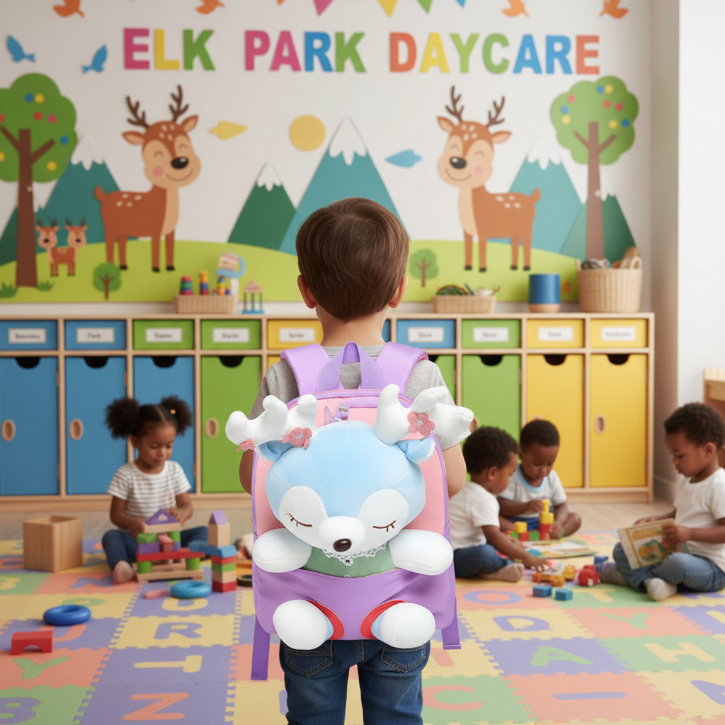 Children's plush backpack, lavender-purple with light-blue animal face and ear plush