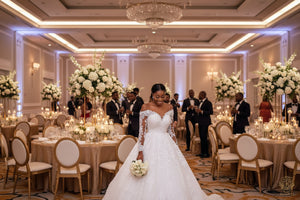 White lace wedding gown with long sleeves, fitted bodice, and A-line skirt
