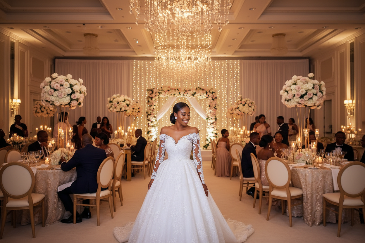 White lace wedding gown with off-shoulder neckline and voluminous full skirt