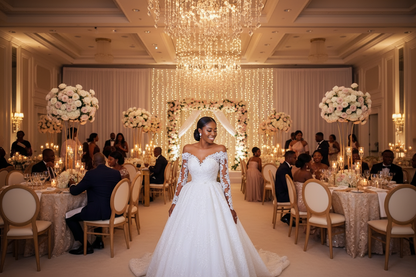 White lace wedding gown with off-shoulder neckline and voluminous full skirt