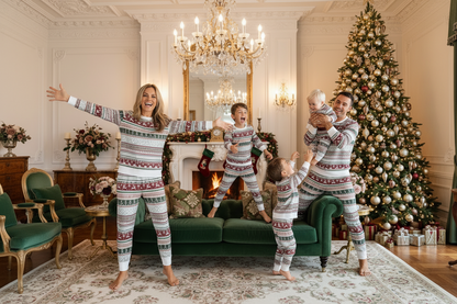 Gray Christmas fair-isle pajama set for family, long-sleeve tops and matching pants