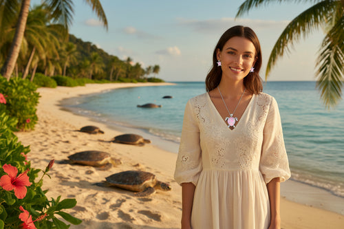 Turtle pendant necklace with pink enamel shell and matching stud earrings