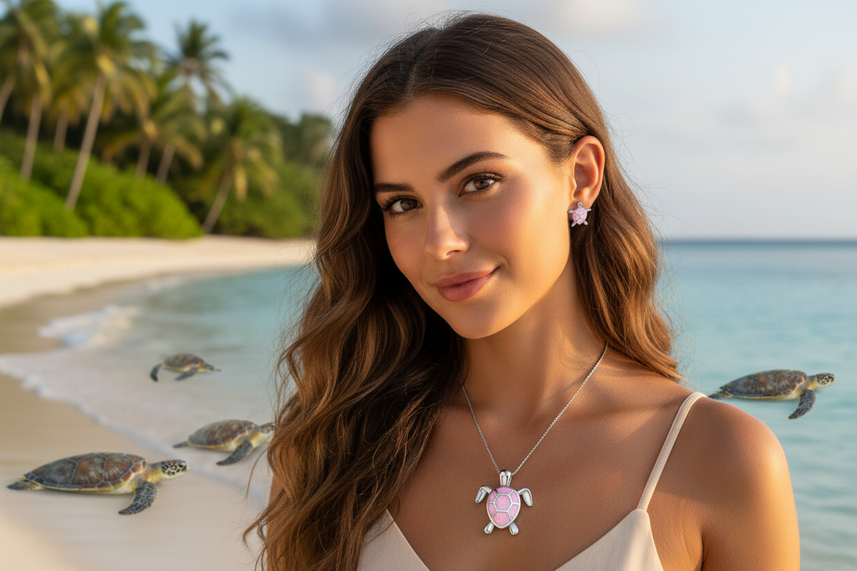 Turtle charm pendant necklace with purple stud earrings set, close-up