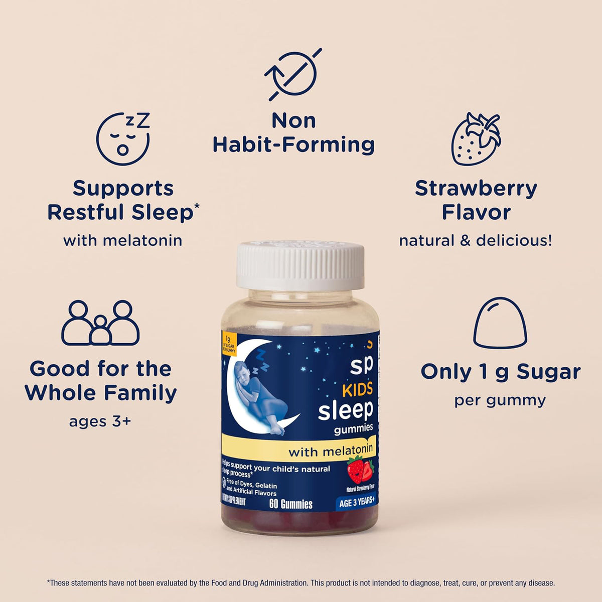 Melatonin gummy bottle for kids, strawberry flavor, 60 gummies, white cap
