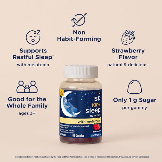 Melatonin gummy bottle for kids, strawberry flavor, 60 gummies, white cap