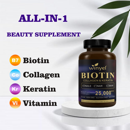 Winyel all-in-1 beauty supplement bottle with biotin, collagen, keratin icons