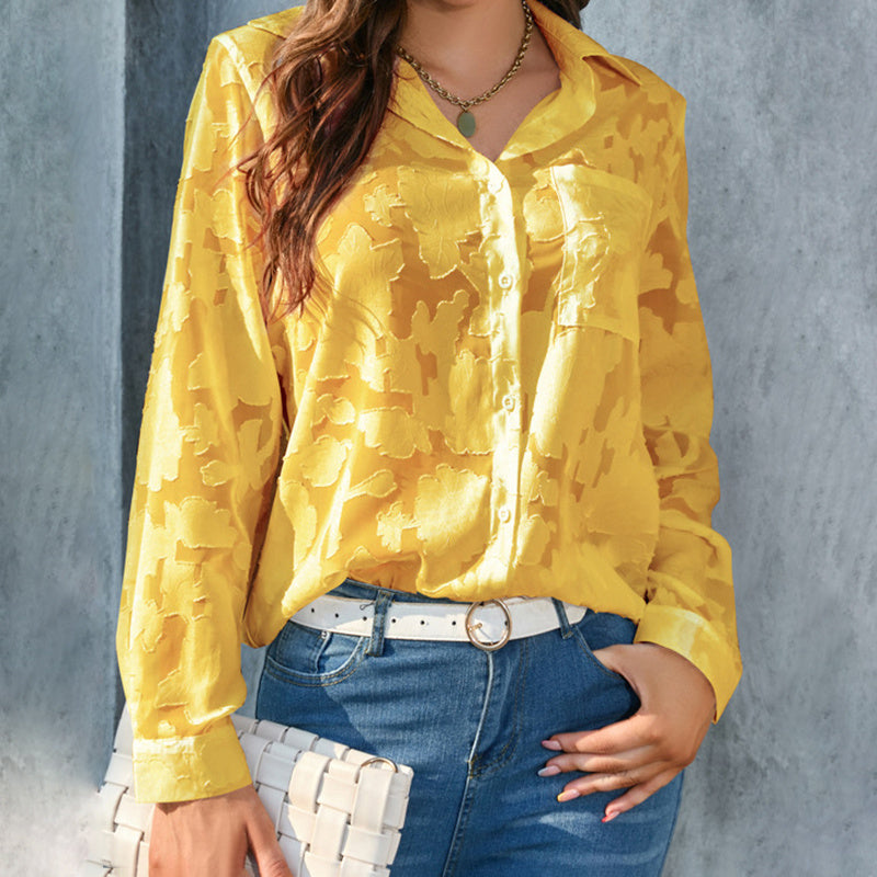 Women's Casual Sheer Button Down Shirts Long Sleeve V Neck Jacquard Blouses Tops