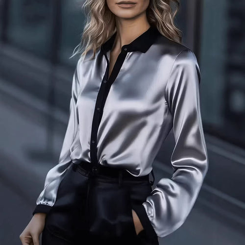 Women's satin long-sleeve shirt with black collar and button placket, light gray