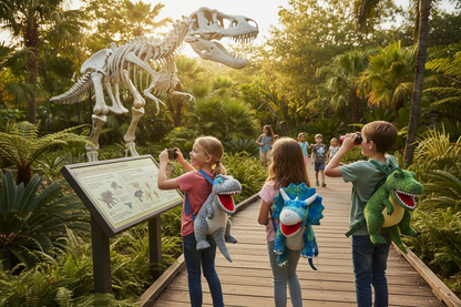 Kids’ plush dinosaur backpacks in gray, blue, and green with cartoon mouths