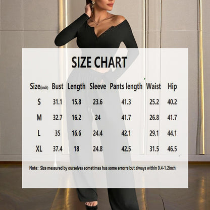Women's Solid Color Fall&Winter Pants Set - Sexy V-Neck Button-Up Fitted Long Sleeve T-Shirt & High-Waist Flared Wide-Leg Stretchy Pants