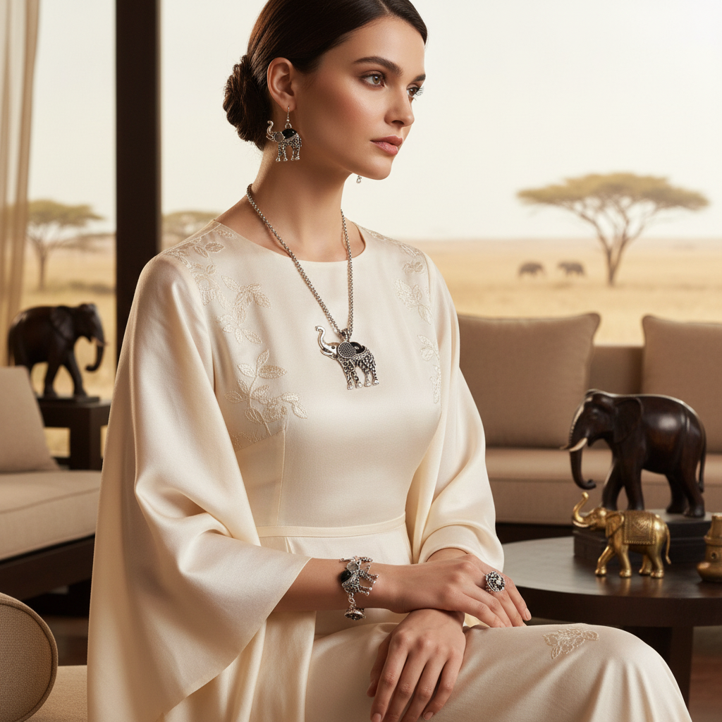 Elephant jewelry set: silver-tone elephant pendant necklace, matching earrings and bracelet.