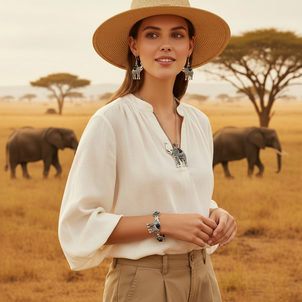 Elephant jewelry set with elephant pendant necklace, statement earrings, and charm bracelet
