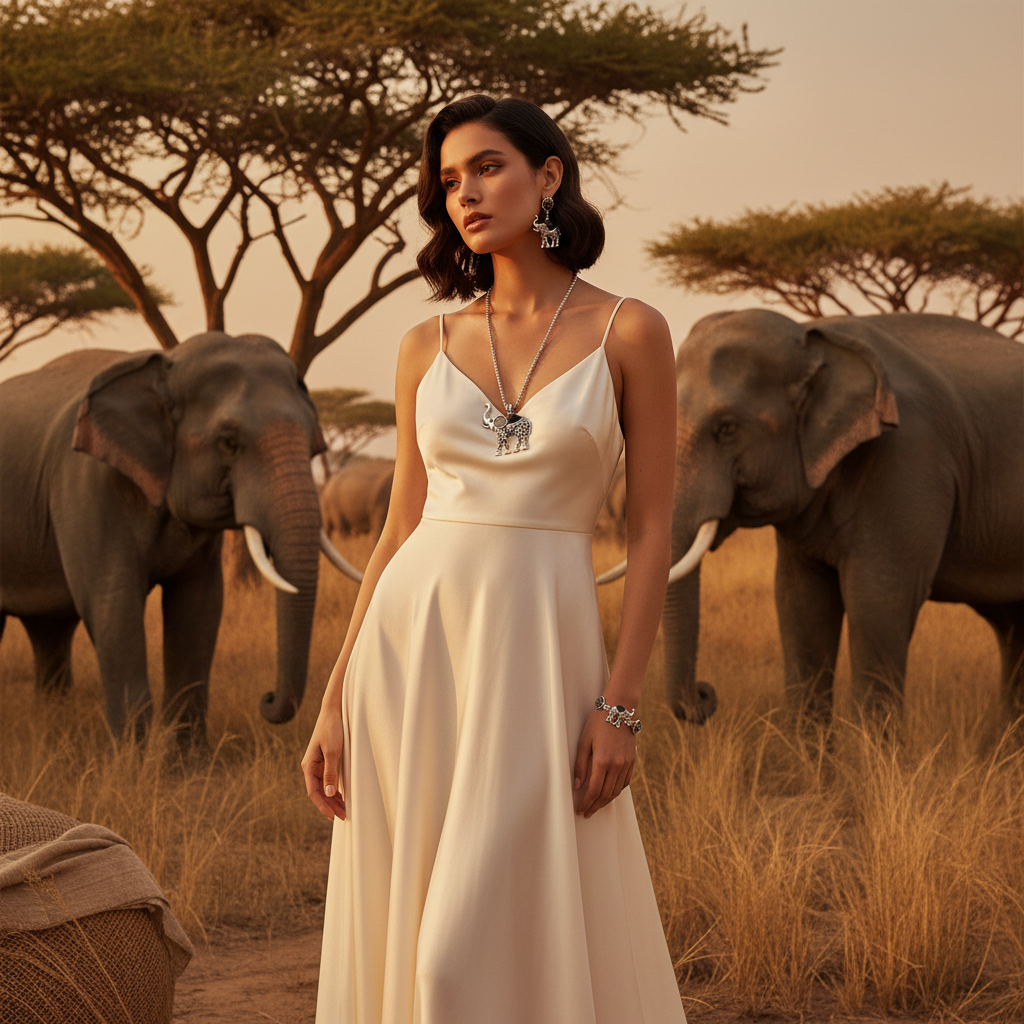 Elephant jewelry set with pendant necklace, drop earrings, and charm bracelet