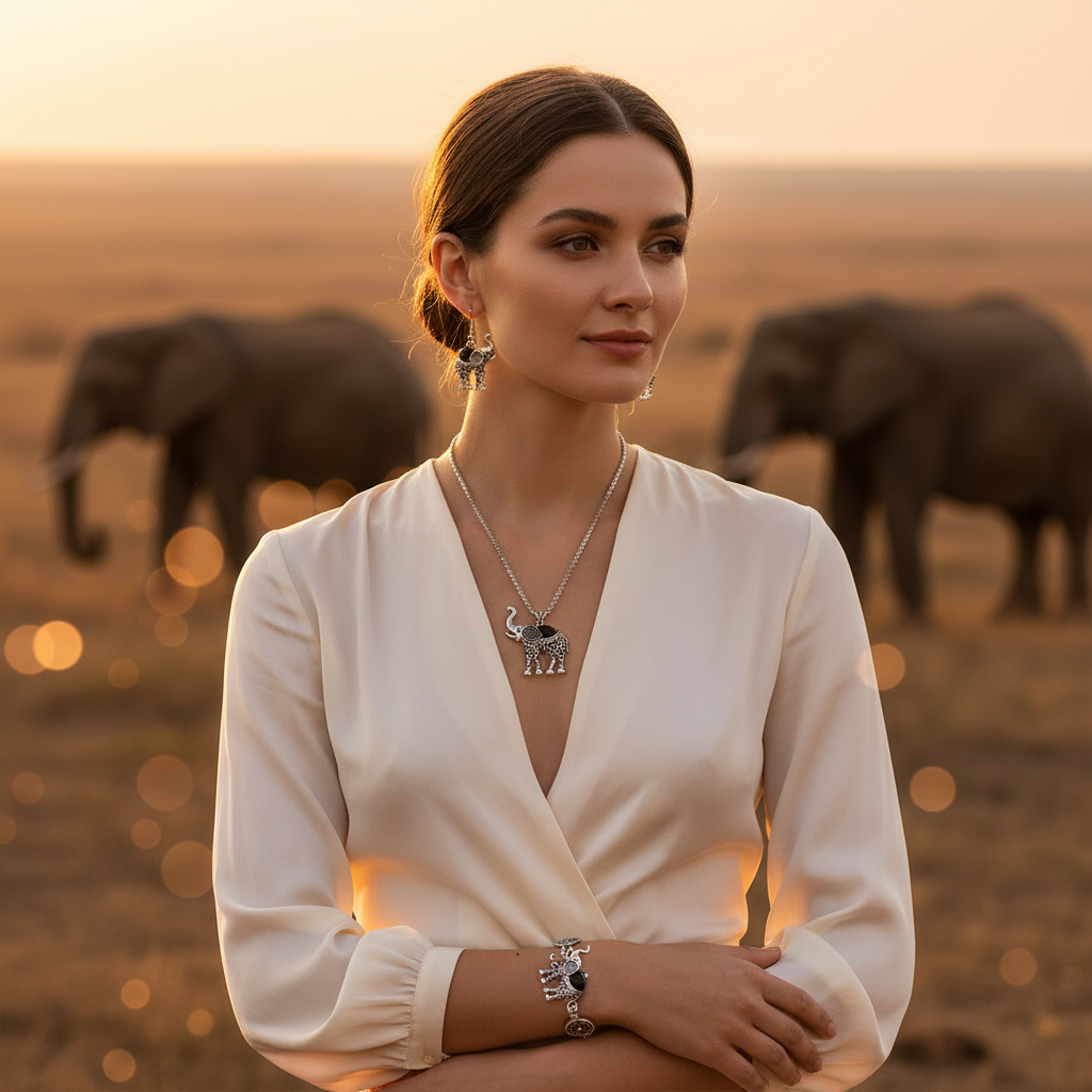 Elephant jewelry set on model: silver-tone elephant pendant necklace and matching earrings.