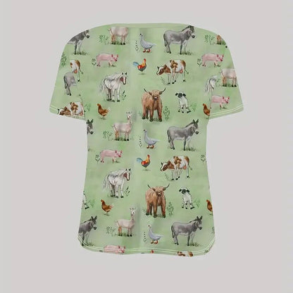 Women's Round Neck All-Over Animal Print Short Sleeve Tee - Cute Summer Casual Top